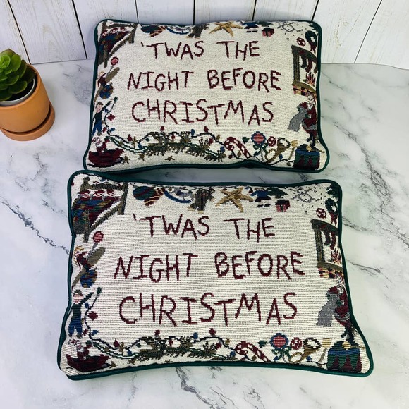 Vintage Christmas Tapestry Throw Pillow Set Pair 2 'Twas The Night Before 12" - Picture 2 of 8